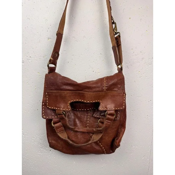 Lucky Brand Brown Leather Boho Distressed Satchel Crossbody Bag Slouchy - Picture 7 of 15